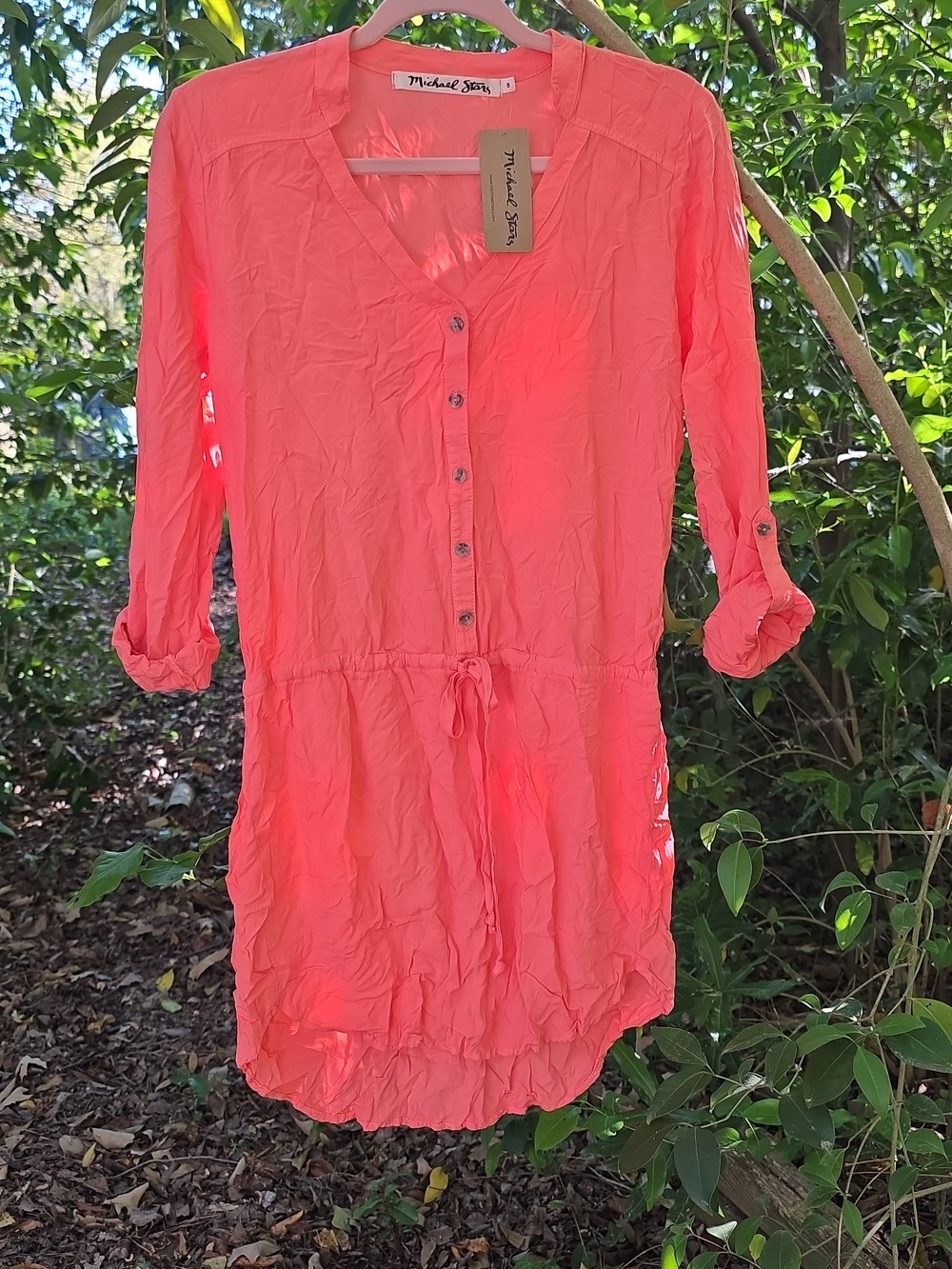 Michael Star Button Up 3/4 Rolled Sleeve Dress Tie Waist Coral Orange Size Small